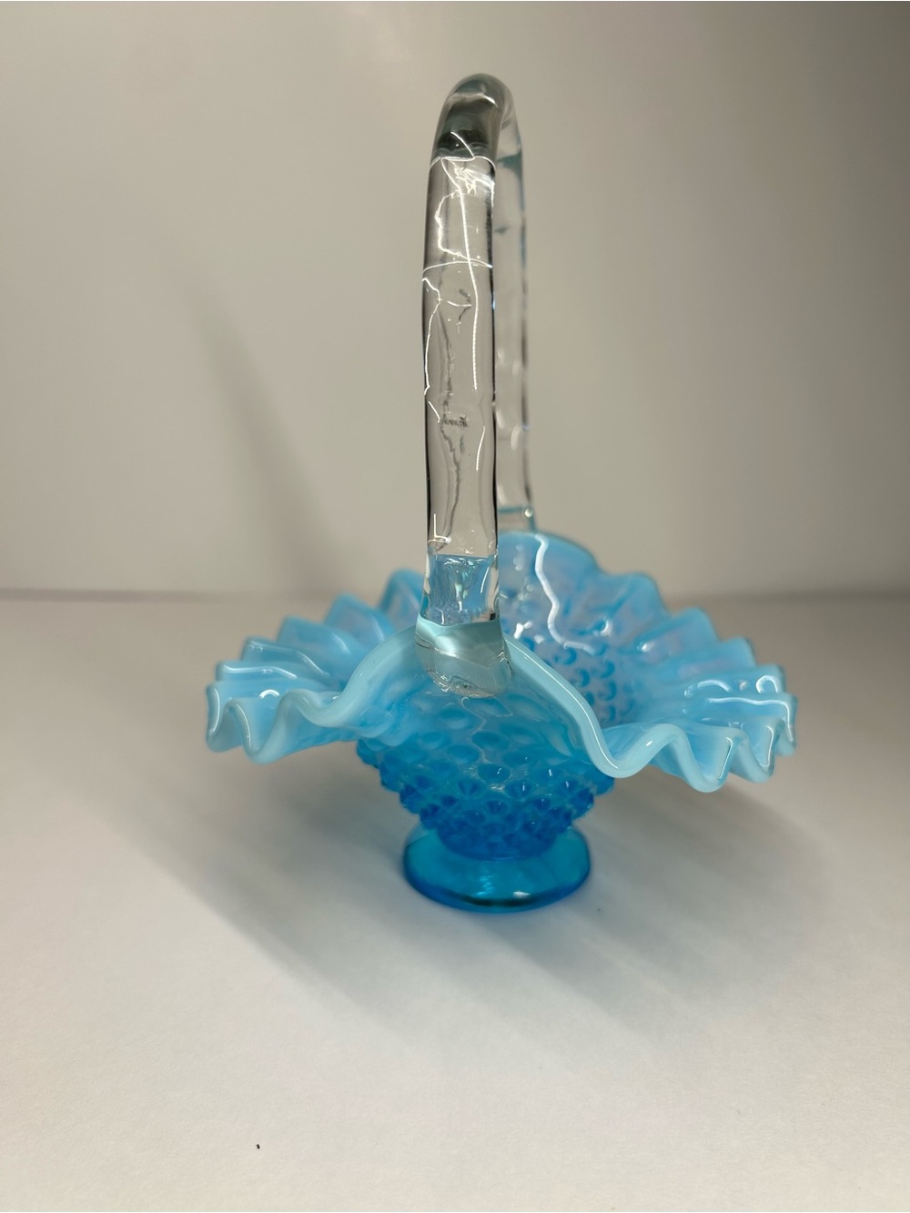 Vintage Fenton Blue  opalescent Hobnail Glass Basket